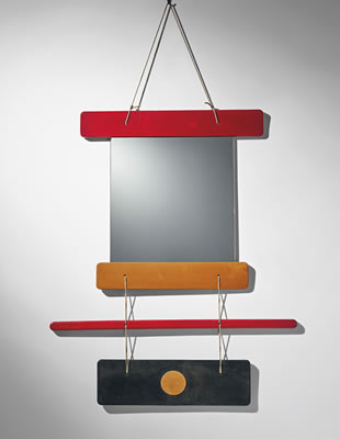 Composizione di elementi di legno colorato e specchio, il tutto unito da funi di canapa, designed for Galleria Arform, Milan