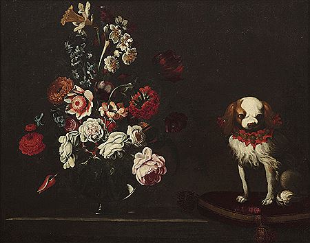 NATURE MORTE CON VASI DI FIORI FRUTTA UCCELLI E UN CANE (2)