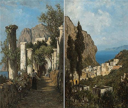 Gegenstücke: Frau auf von antiken Säulen gesäumtem Weg / Dorf an der (amalfitanischen?) Küste by Luise von Begas-Parmentier - Auction record, sale price, and art valuation. Compare with similar artists and explore comparable artworks.