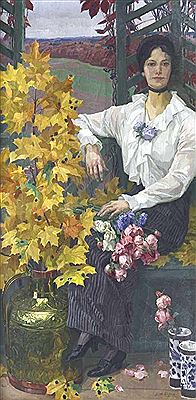 Die letzten Rosen. Schöne junge Frau (in Lebensgröße) in herbstlicher Landschaft sitzend, mit einem Rosenstrauß auf dem Schoß
