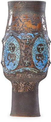 Fine tall early vase with faces and figures, 1966 by Edwin & Mary Scheier - Auction record, sale price, and art valuation. Compare with similar artists and explore comparable artworks.