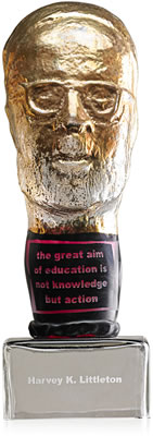 Large sculpture, "Harvey K. Littleton - The Great Aim of Education is Not Knowledge But Action"