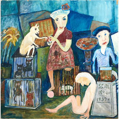 Sample artwork by Jon Serl (1898 - 1993), known for naive genre-figure-animal painting - View similar artists and auction records