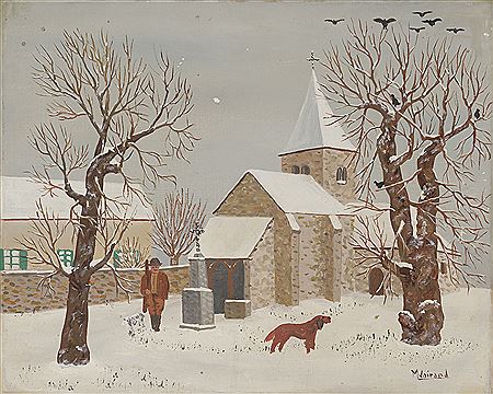 Village et chasseur sous la neige