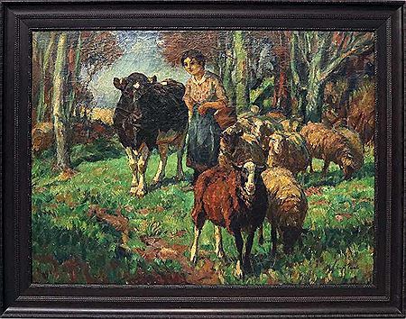 Junge Hirtin mit Schafsherde und Kuh in Sommerlandschaft