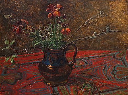 Wallflowers and Pussywillow in a Lustre Jug