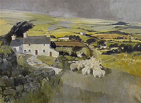 Expansive landscape scene Gwyndy Bach with flock of sheep & two handlers