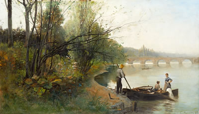 Franskt flodlandskap by Gustav Adelsward - Auction record, sale price, and art valuation. Compare with similar artists and explore comparable artworks.