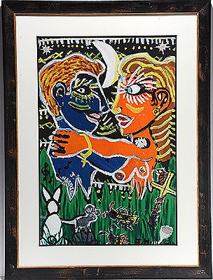 Sample artwork by Joseph Hardin (1921 - 1989), known for naive figure-faces, animal - View similar artists and auction records