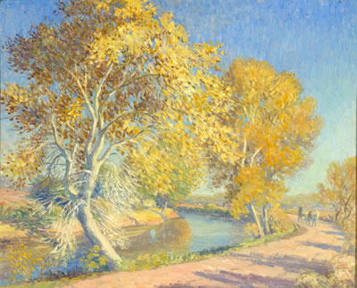 "Man and Donkey Strolling by Cottonwoods"