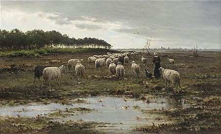 Shepherdess and Sheepdog Herding Sheep