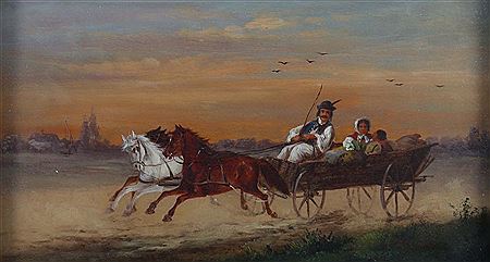 "Ungarisches Dreigespann", Familie in durch drei Pferde gezogenem Wagen durch die Landschaft fahrend, bei untergehender Sonne by Joseph Wolfram - Auction record, sale price, and art valuation. Compare with similar artists and explore comparable artworks.