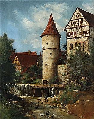 "Balingen", Blick auf das Zollernschloss mit dem Wasserturm, im Vordergrund die Eyach mit Mühlrad, Enten und Angler