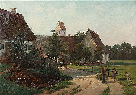 "Süddeutsches Dorfidyll", mit Pferdefuhrwerk und reduzierter Figurenstaffage, in sommerlicher Atmosphäre by Emilie Wenz-Syth - Auction record, sale price, and art valuation. Compare with similar artists and explore comparable artworks.