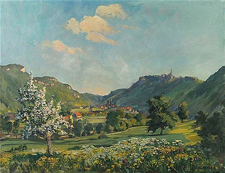 "Blick auf Liechtenstein", Sommerlandschaft mit blühenden Wiesen und Bäumen, im Hintergrund die Stadt im Sonnenschein