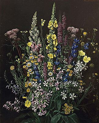 "Blumenstillleben", sommerlicher Strauß aus Wiesenblumen, vor dunklem Hintergrund by Camille Macklot - Auction record, sale price, and art valuation. Compare with similar artists and explore comparable artworks.