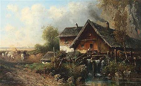 "Mühle am Bach", links Schäfer mit der Herde auf der Weide, Darstellung im Spätsommer