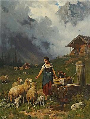 "Schäferin am Brunnen", ihre Tiere lockend, vor Gebirgslandschaft, bei aufziehenden Gewitterwolken, im Sommer