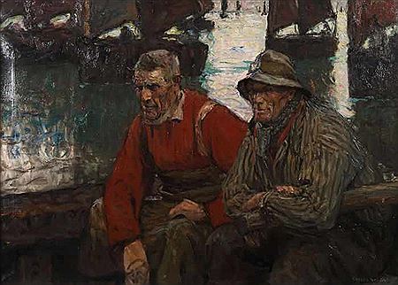 "Die Alten", Nahaufnahme von zwei Fischern, gemeinsam auf dem Wasser in einem Boot sitzend