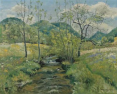 "Bachlauf" in schwäbischer Landschaft, entlang des Bachlaufs blühende Blumen in einer hügeligen Landschaft