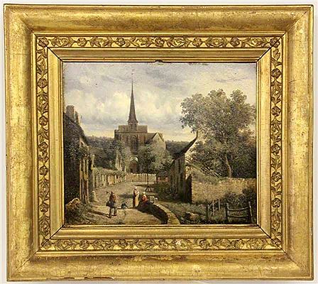 Romantic village street with church and people