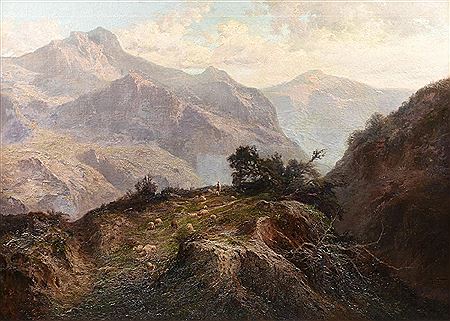 "The Shepherdess and her Flock in a Mountainous Landscape"