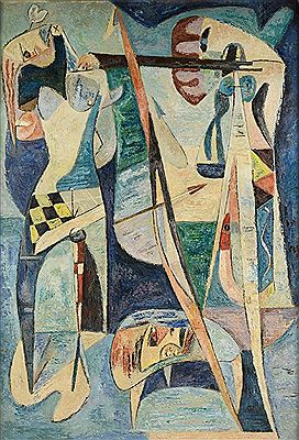Two Cubist Figures with Arrow in Blue