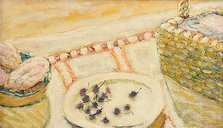 Picnic Basket and a Plate with Cherries