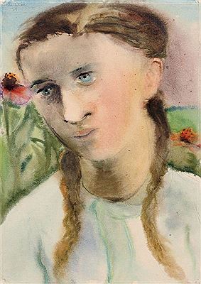 Mädchen mit Zöpfen vor Blumen.