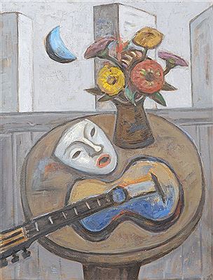 Stilleben mit Gitarre und Maske.