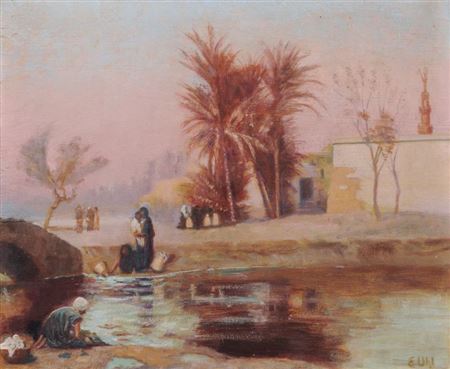 Orientalische Szene an einer Wasserstelle.