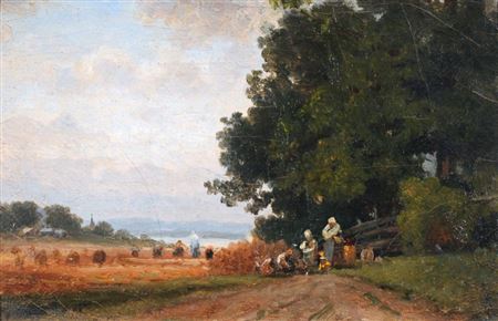 Erntelandschaft mit rastenden Feldarbeitern.