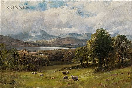 Valley Landscape with Sheep at Pasture