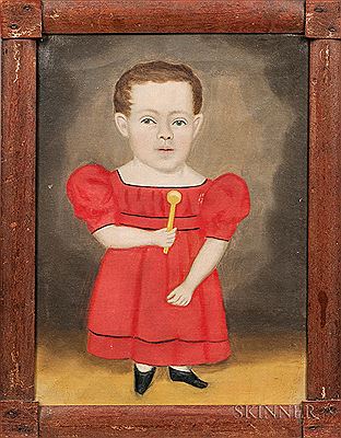 Portrait of a Dwarfed Boy in a Red Dress Holding a Rattle by Erastus Salisbury Field - Auction record, sale price, and art valuation. Compare with similar artists and explore comparable artworks.