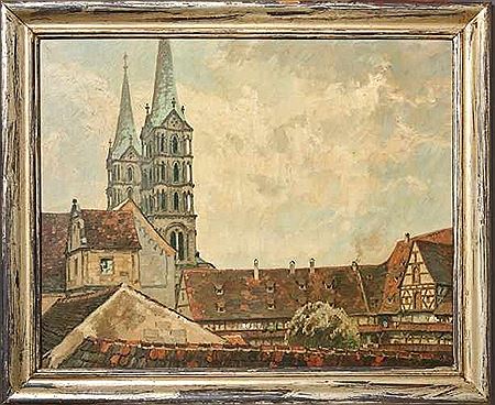 Bamberg, Blick über die Dächer der Alten Hofhaltung auf die Domtürme
