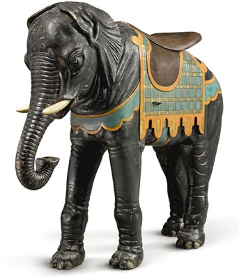 Very Fine and Rare Standing Carved and Painted Basswood Carousel Figure of an Elephant
