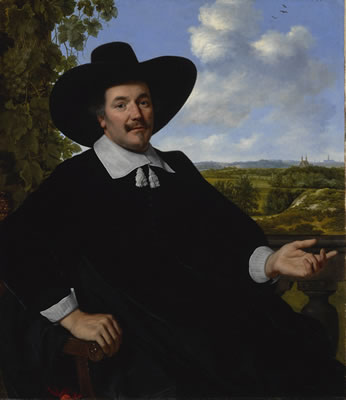 PORTRAIT OF A GENTLEMAN, PROBABLY HENDRICK ZEGERSZ VAN DER KAMP, SEATED BEFORE A BALUSTRADE, A LANDSCAPE WITH COUNTRY HOUSE AND A DISTANT VIEW OF HAARLEM BEYOND