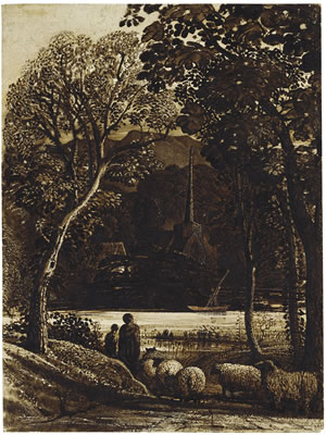 A CHURCH WITH A BOAT AND SHEEP