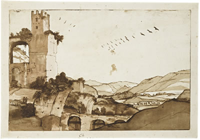 THE VALLEY OF THE ANIENE, NEAR TIVOLI, WITH THE RUINS OF THE AQUA ANIO NOVUS AQUEDUCT