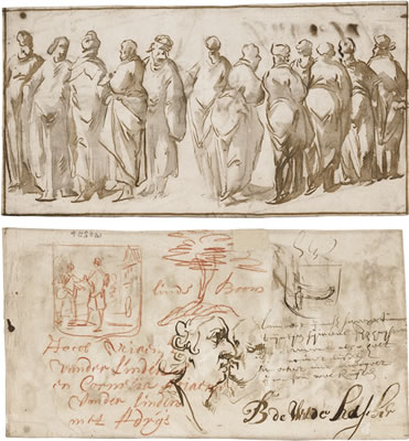 RECTO: STUDIES OF TWELVE MEN, POSSIBLY THE APOSTLES OF CHRIST VERSO: STUDIES OF HEADS AND COATS OF ARMS, AND INSCRIPTIONS by Pieter Jansz - Auction record, sale price, and art valuation. Compare with similar artists and explore comparable artworks.