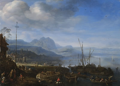 A VIEW OF LINZ AM RHEIN, WITH BARGES UNLOADING AT A QUAY AND AN INN NEARBY