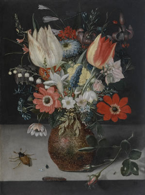 STILL LIFE OF FLOWERS IN AN EARTHENWARE VASE ON A STONE LEDGE, WITH INSECTS AND A CATERPILLAR BESIDE IT