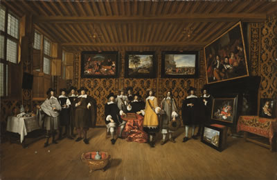 AN ELEGANT INTERIOR WITH TWELVE GENTLEMAN SURROUNDED BY PAINTINGS AND LEATHER WALL COVERINGS WITH A GAME OF BACKGAMMON AT CENTER