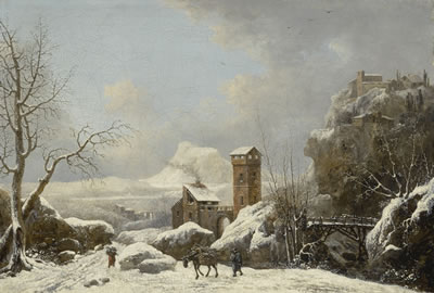 SNOWY LANDSCAPE WITH FIGURES AND A PACKHORSE IN THE FOREGROUND
