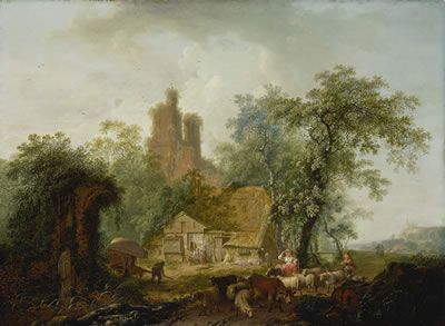 A WOODED LANDSCAPE WITH RUINS AND A SHEPHERDESS LEADING HER FLOCK
