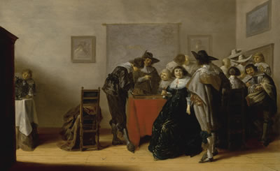 AN ELEGANT COMPANY IN CONVERSATION PLAYING GAMES AND DRINKING IN AN INTERIOR