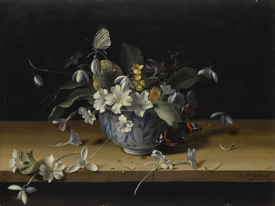 STILL LIFE OF FLOWERS IN A BLUE AND WHITE CHINESE PORCELAIN BOWL WITH A RED ADMIRAL BUTTERFLY ON A WOODEN LEDGE