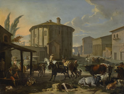 ROMAN LANDSCAPE WITH FIGURES AND ANIMALS IN FRONT OF THE TEMPLE OF VESTA