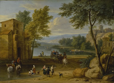 AN ITALIANATE RIVER LANDSCAPE WITH WAGONS, FIGURES, ANIMALS, AND A FERRY by Pieter & Adriaen Fransz Bout & Boudewyns - Auction record, sale price, and art valuation. Compare with similar artists and explore comparable artworks.