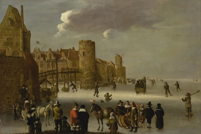 A WINTER SCENE WITH SKATERS ON A FROZEN CANAL, A TOWNSCAPE AT LEFT